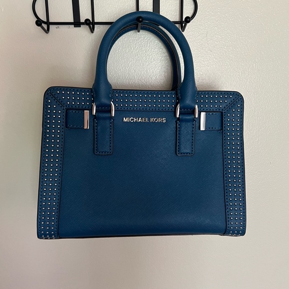 Michael Kors Blue Studded Leather Satchel Handbag with Shoulder Strap - Picture 5 of 7